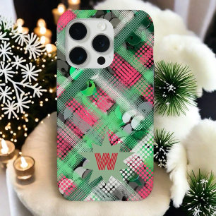 monogram initial plaid tartan red green festive  iPhone 15 pro case