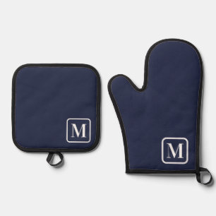 Monogram Initial Plain Solid Navy Blue colored Oven Mitt & Pot Holder Set