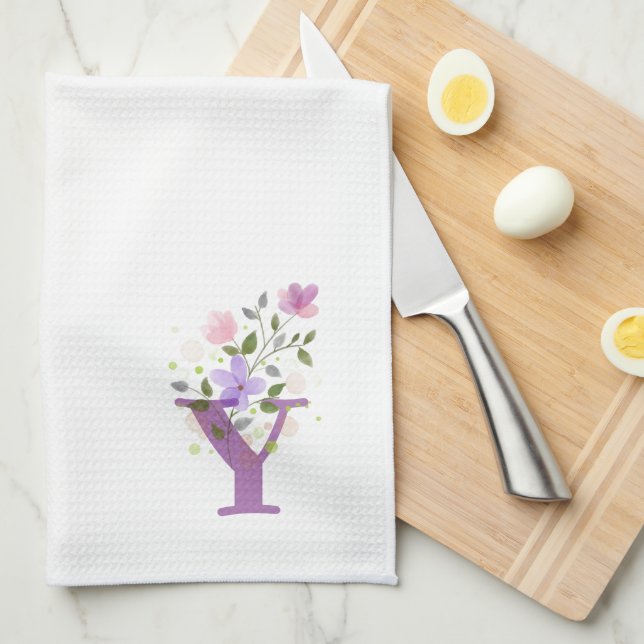 Monogram Initial Plus Floral Design Kitchen Towel (Quarter Fold)