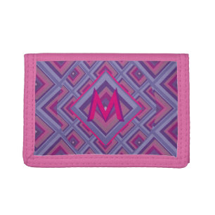 Monogram Initial Purple Diamond Pattern Pink Check Tri-fold Wallet