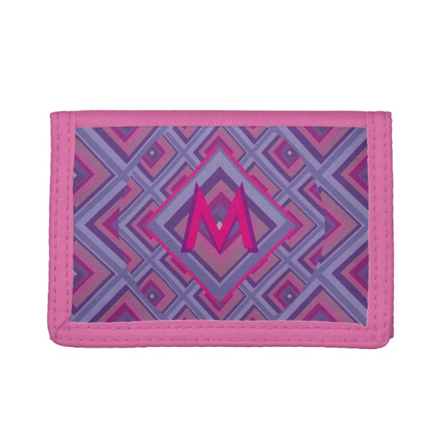 Monogram Initial Purple Diamond Pattern Pink Check Tri-fold Wallet (Front)