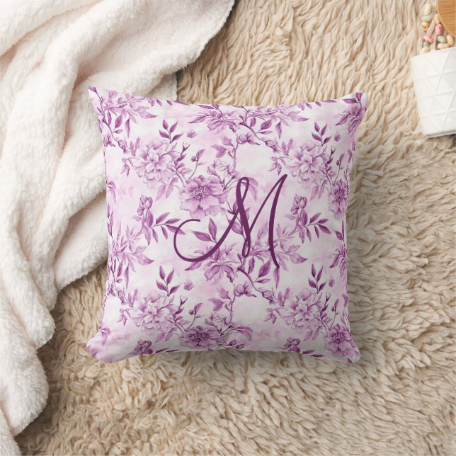 Monogram Initial Purple Toile Chinoiserie Florals Throw Pillow (Blanket)