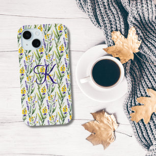 Monogram Initial Purple Yellow Wildflowers Trendy iPhone 15 Case