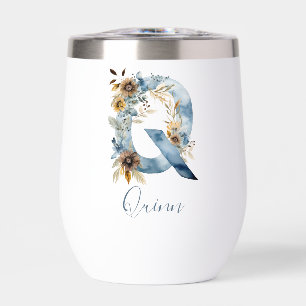 Monogram Initial Q Blue Floral Watercolor Gift Her Thermal Wine Tumbler