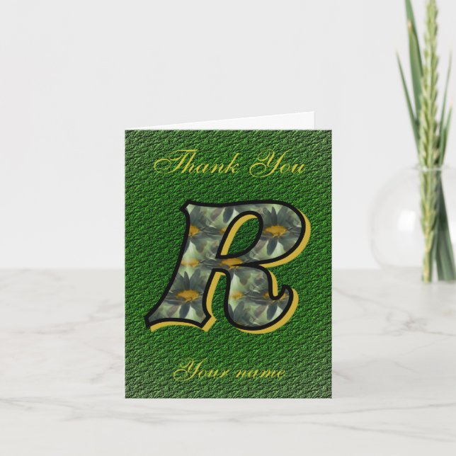 Monogram Initial R Daisies Art Personalized Letterpress Thank You Card (Front)