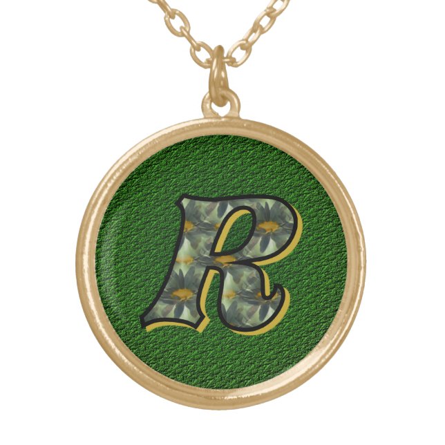 Monogram Initial R Daisies Flower Art Gold Plated Necklace (Front)
