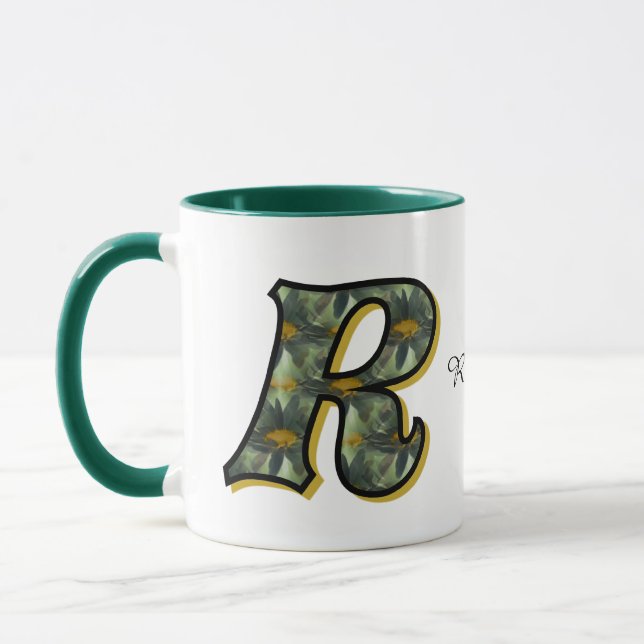 Monogram Initial R Daisy Floral Art Personalized Mug (Left)
