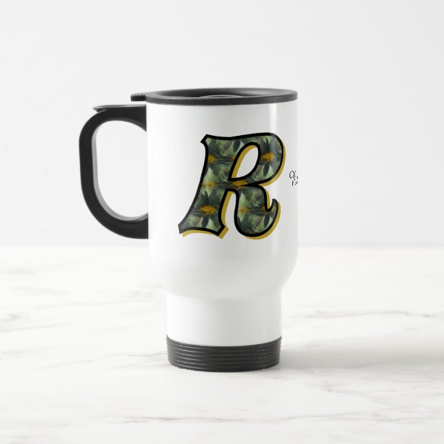 Monogram Initial R Daisy Floral Art Personalized Travel Mug (Left)