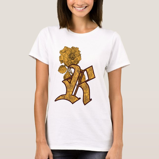 Monogram Initial R Elegant Gold Peony Flower T-Shirt (Front)