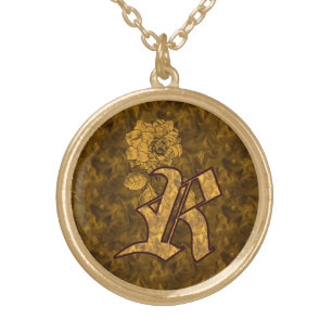 Monogram Initial R Elegant Peony Flower Gold Plated Necklace