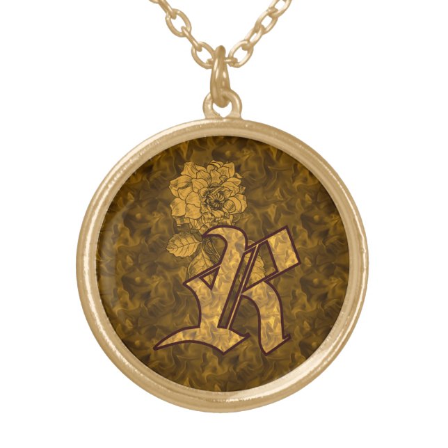 Monogram Initial R Elegant Peony Flower Gold Plated Necklace (Front)