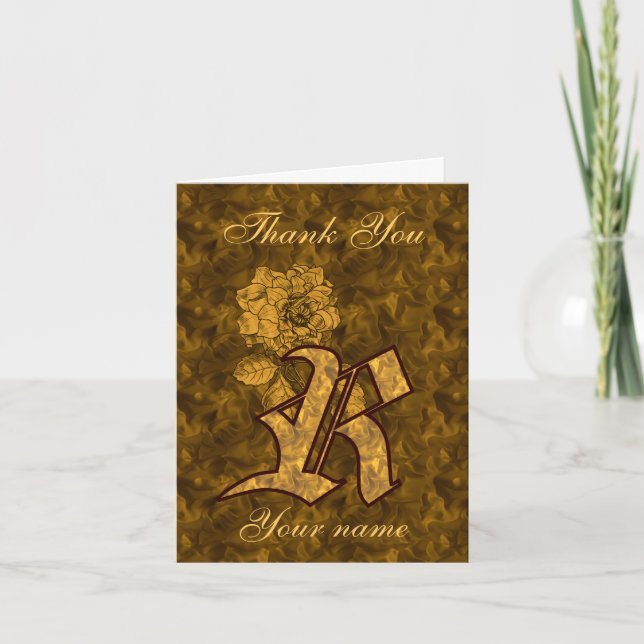 Monogram Initial R Gold Satin Peony Personalized Letterpress Thank You Card (Front)