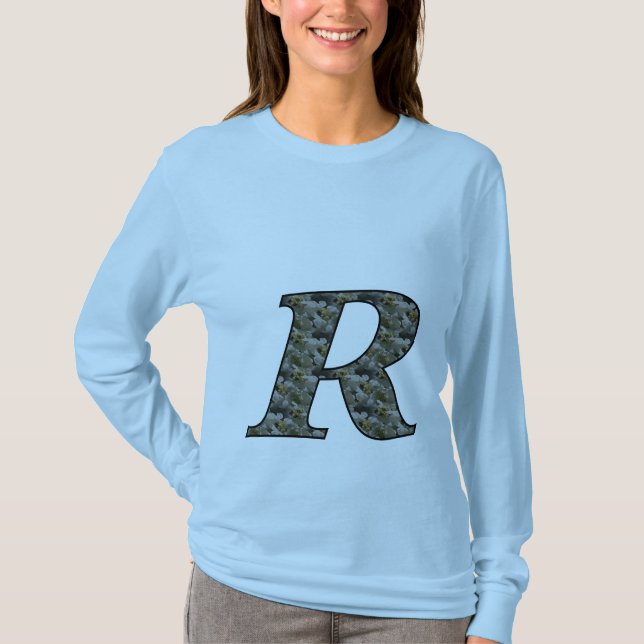 Monogram Initial R Hydrangea Floral T Shirt (Front)