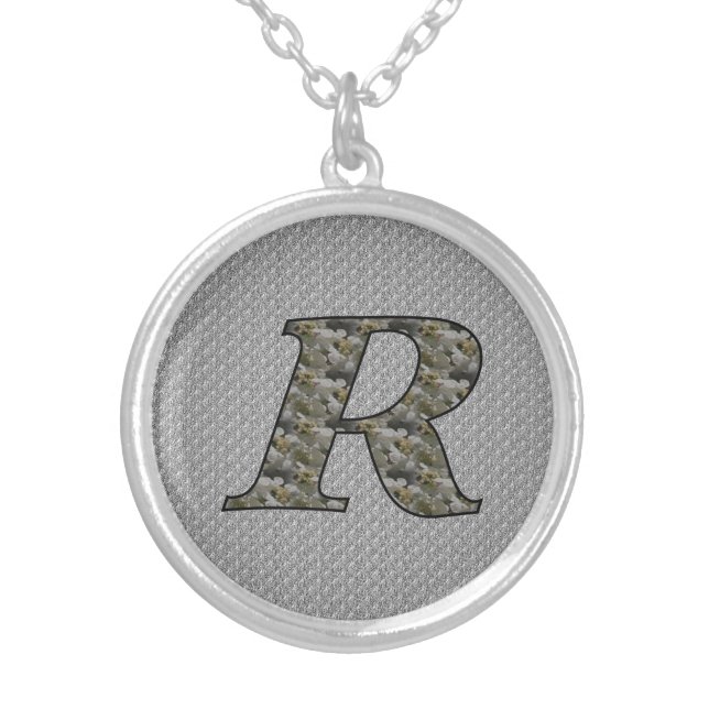 Monogram Initial R Hydrangea Flowers Silver Plated Necklace (Front)
