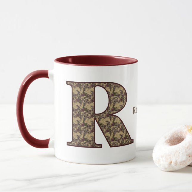 Monogram Initial R Vintage Floral Personalized Mug (With Donut)