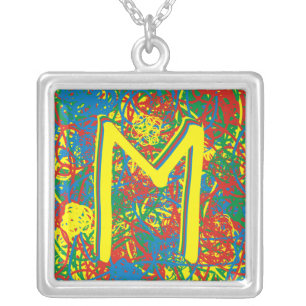 Monogram Initial Red Blue Yellow Green Scribbles Silver Plated Necklace