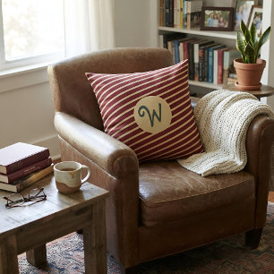 Monogram Initial Red Cream Stripes Preppy Script Throw Pillow