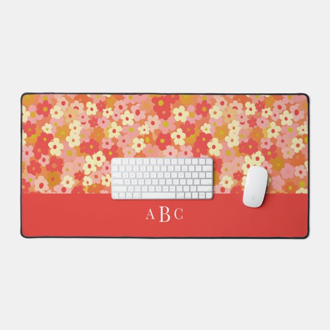 Monogram Initial Retro Floral Pink Red Warm  Desk Mat (Keyboard & Mouse)