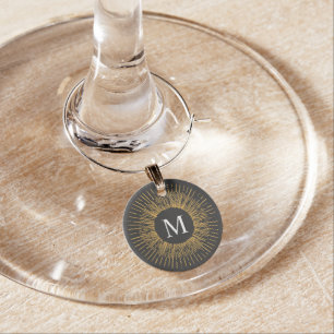 Monogram Initial Retro Holiday Gold Burst Sparkler Wine Charm