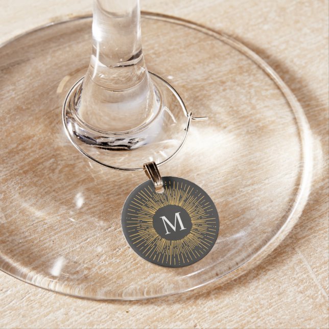 Monogram Initial Retro Holiday Gold Burst Sparkler Wine Charm (In Situ)