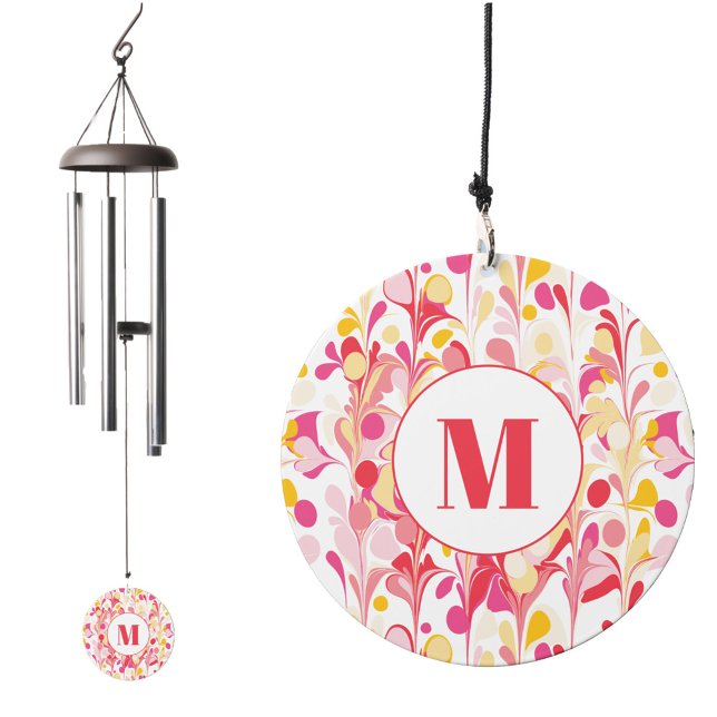 Monogram Initial Retro Marbled Groovy Trippy Wind Chime (Modern monogarm retro marbled pink orange abstract wind chime)