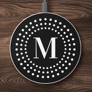 Monogram initial retro radial dots black white wireless charger