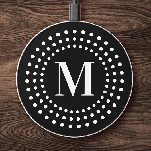 Monogram initial retro radial dots black white wireless charger 