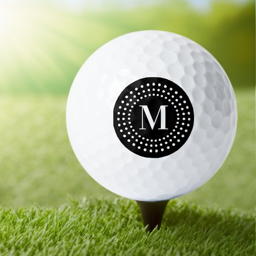 Monogram initial retro radial dots on black golf balls