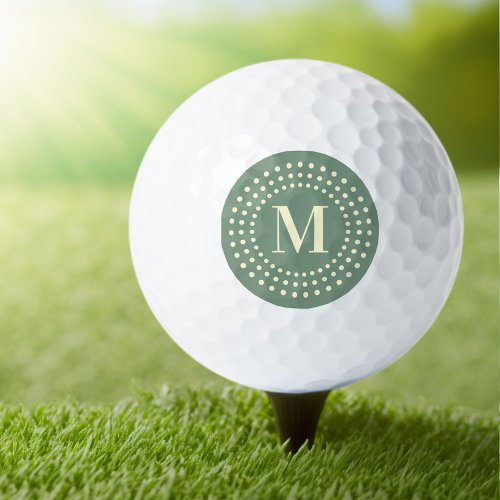 Monogram initial retro radial dots sage green golf balls