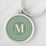 Monogram initial retro radial dots sage green keychain<br><div class="desc">Keyring featuring your monogram initial inside a retro radial dot border on a sage green background.</div>