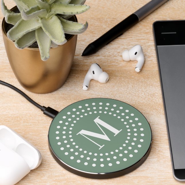 Monogram initial retro radial dots sage green wireless charger  (Desk 2)
