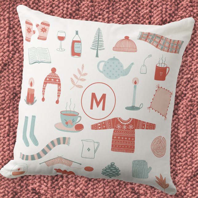 Monogram Initial Retro Scandinavian Hygge Throw Pillow (Monogram initial personalized Scandinavian Hygge cosy throw pillow)