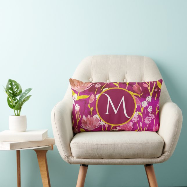 Monogram Initial Romantic Burgundy Floral  Lumbar Pillow (Chair)