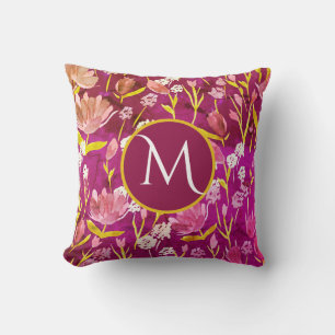 Monogram Initial Romantic Burgundy Floral Throw Pillow