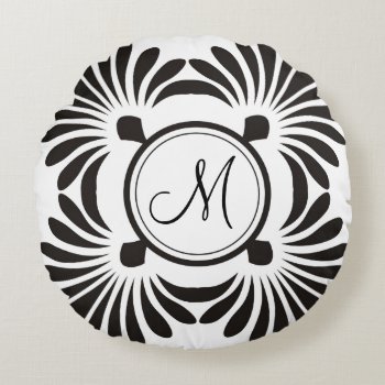 Monogram Initial Round Pillow-black Floral Round Pillow by InitialsMonogram at Zazzle