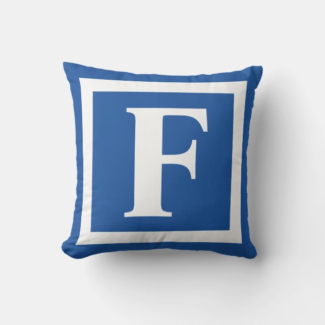 Monogram Initial Royal Blue White Outdoor Pillow (Front)