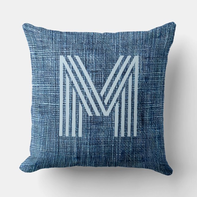 Monogram Initial Rustic Blue Denim Large Throw Pillow (Front)