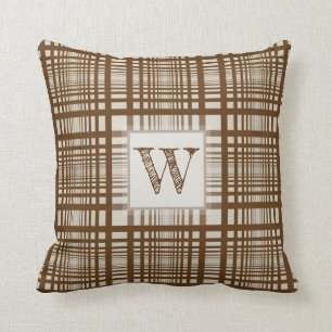 Monogram Initial Rustic Boho Brown Tan Plaid Lines Throw Pillow