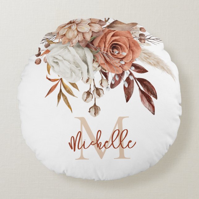 Monogram Initial Rustic Terracotta Florals Round Pillow (Front)
