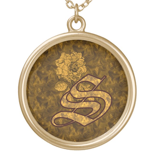Monogram Initial S Elegant Gold Peony Flower Plated Necklace (Front)