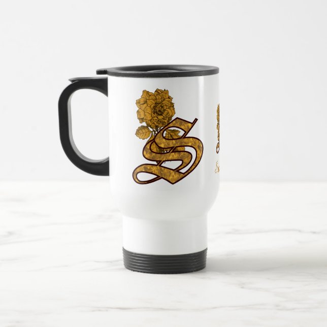 Monogram Initial S Elegant Gold Peony Personalized Travel Mug (Left)