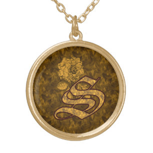 Monogram Initial S Elegant Peony Flower Gold Plated Necklace