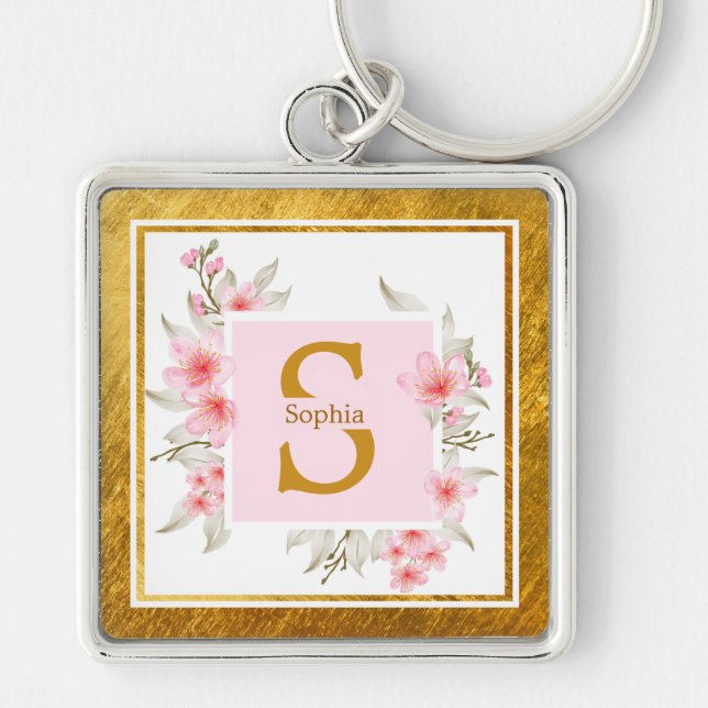 Monogram Initial "S" Floral - Pink Roses & Gold Keychain (Front)