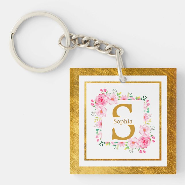 Monogram Initial "S" Floral - Pink Roses & Gold Keychain (Front)