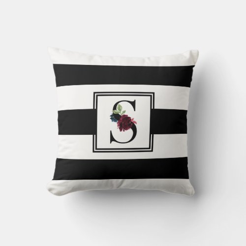 Monogram Initial S Floral Stripes Pattern Throw Pillow