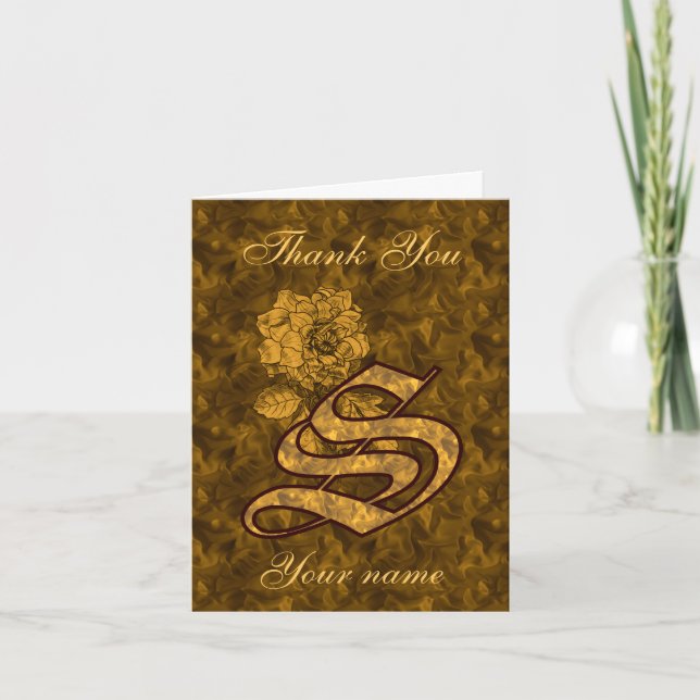 Monogram Initial S Gold Satin Peony Personalized Letterpress Thank You Card (Front)