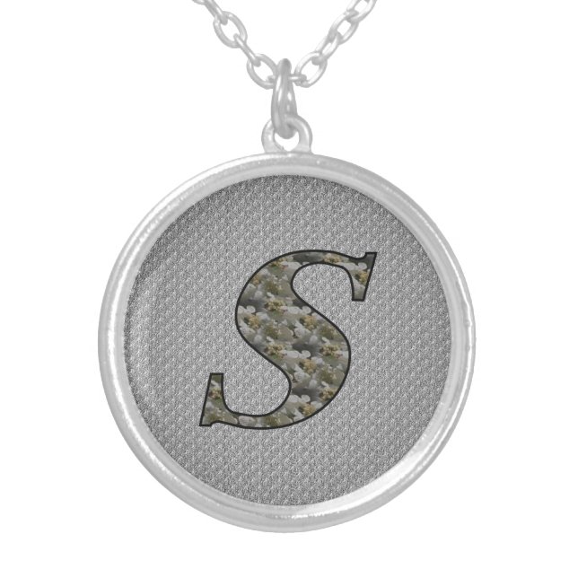 Monogram Initial S Hydrangea Flowers Silver Plated Necklace (Front)