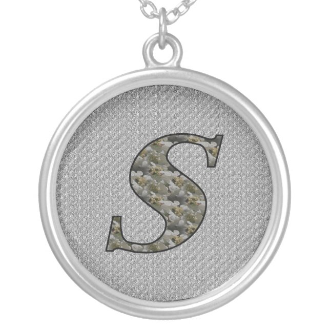 Monogram Initial S Hydrangea Flowers Silver Plated Necklace (Front)