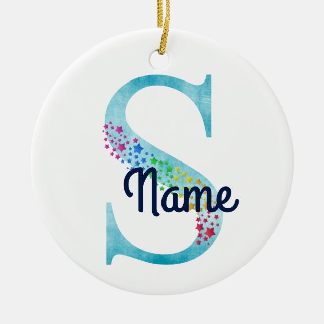 Monogram Initial S Rainbow Star design Ceramic Ornament (Front)