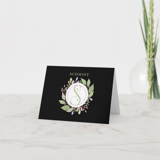 Monogram Initial S, Round Botanical Frame, Thank You Card (Front)
